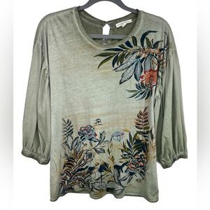 Farmers Market Beaded Floral Top Flowy Balloon Sleeves Tropic Gypsy Women Medium